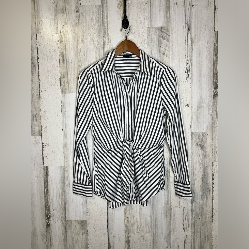 Ann Taylor Women's Long Sleeve Striped Button Front Top White Gray Size 6